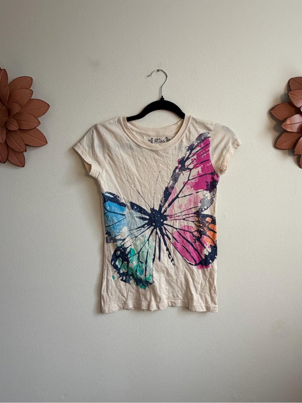 Mudd Cream Tee with Multicolor Butterfly Print